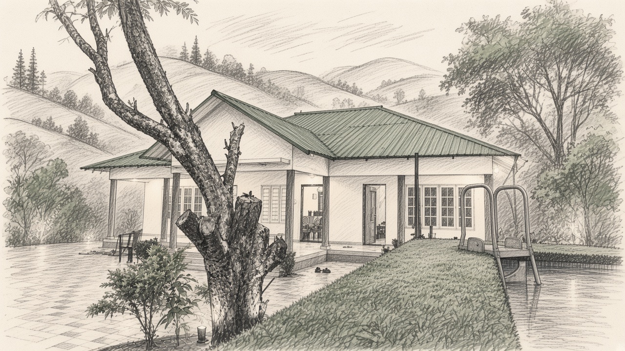 Pencil sketch of Mount Dora nestled in the Vagamon hills